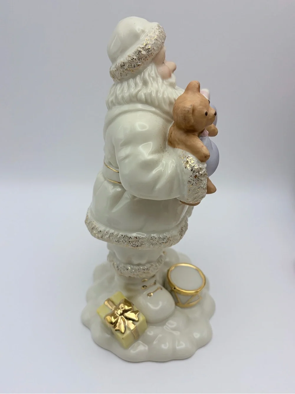 Lenox Santa Figurine, Violet/Gold Trim, Sack of Toys, Teddy Bear, Drum. So cute!